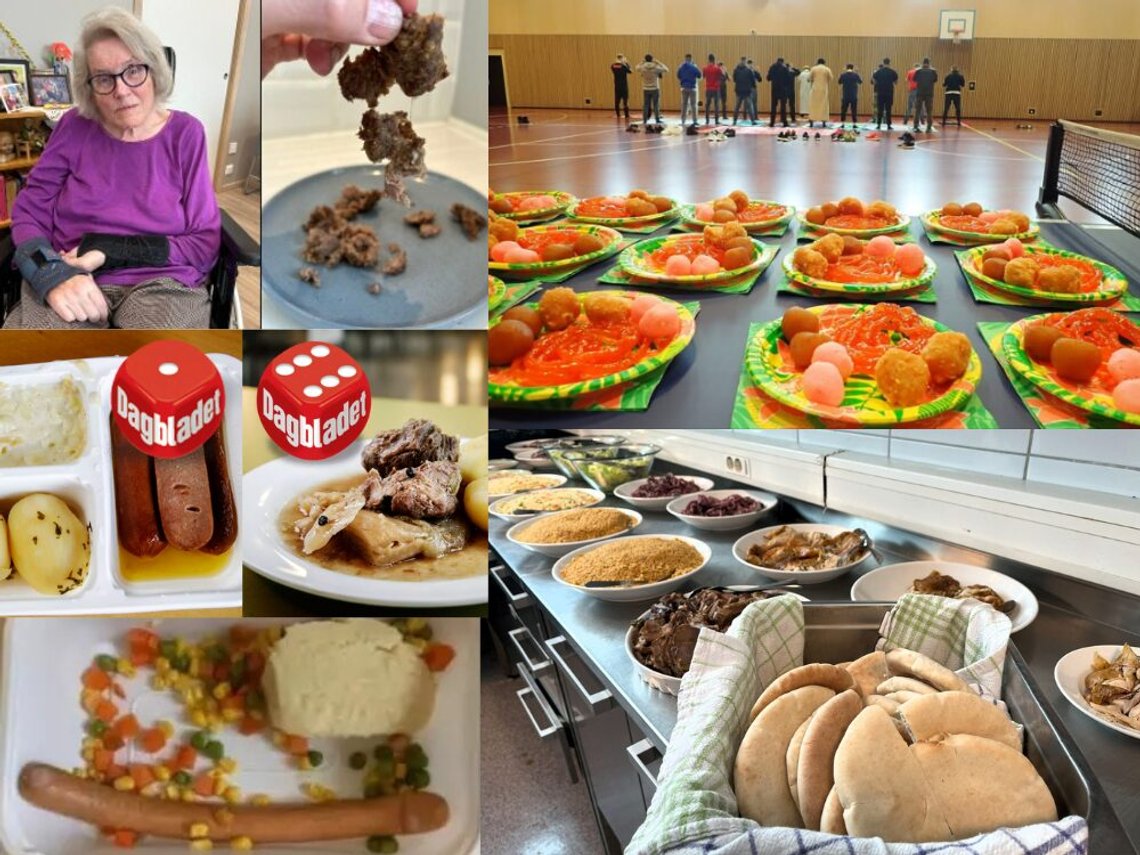 Bilder til venstre: 1) Middag servert på et sykehjem i Ringerike. 2) Skjermbilder fra Dagbladet: Kokk Bård Greni: «Skam dere, politikere.» 3) Den omtalte pølse-middagen fra Halden Sentralkjøkkenet som en eldre kvinne betalte 92 kroner for. Bilder til venstre. Årlig Eid-feiring på høysikkerhetsfengselet i Oslo. Mat av Michelin-kvalitet og gaveposer med søte koraner og bønneluer. Bilder til venstre: 1) Middag servert på et sykehjem i Ringerike. 2) Skjermbilder fra Dagbladet: Kokk Bård Greni: «Skam dere, politikere.» 3) Den omtalte pølse-middagen fra Halden Sentralkjøkkenet som en eldre kvinne betalte 92 kroner for. Bilder til venstre. Årlig Eid-feiring på høysikkerhetsfengselet i Oslo. Mat av Michelin-kvalitet og gaveposer med søte koraner og bønneluer.