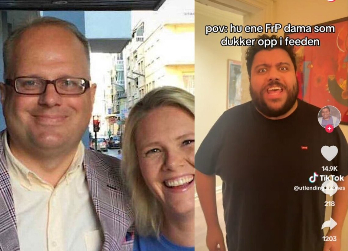 Hårek Hansen og Sylvi Listhaug. Bildet er fra en reel som Hansen har offentliggjort på sin Facebook. Skjermbilde av Javad El Bakari på TikTok spiller den rasistiske FrP-damen som dukker opp i feeden din. Hårek Hansen og Sylvi Listhaug. Bildet er fra en reel som Hansen har offentliggjort på sin Facebook. Skjermbilde av Javad El Bakari på TikTok spiller den rasistiske FrP-damen som dukker opp i feeden din.