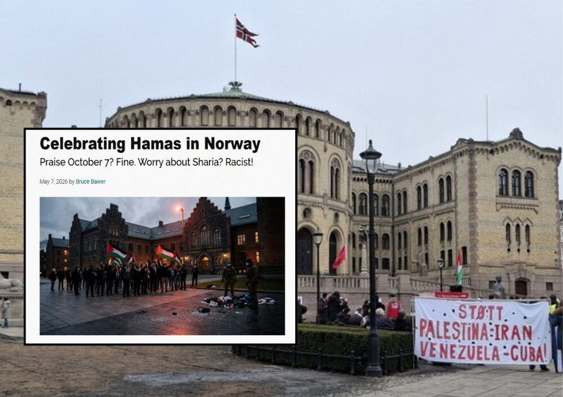 Hovedbilde: 7. mars 2026. Stortinget, Karl Johans gate. En demonstrasjon til støtte for Iran, Palestina, Cuba og Venezuela og i protest mot USAs og Israels utenrikspolitikk. (Foto: Kenneth Myhre Pram/Shutterstock). Innfelt: Faksimile av Bruce Bawers’ artikkel «Celebrating Hamas in Norway» i FrontPage Magazine, 7. mai 2026. Hovedbilde: 7. mars 2026. Stortinget, Karl Johans gate. En demonstrasjon til støtte for Iran, Palestina, Cuba og Venezuela og i protest mot USAs og Israels utenrikspolitikk. (Foto: Kenneth Myhre Pram/Shutterstock). Innfelt: Faksimile av Bruce Bawers’ artikkel «Celebrating Hamas in Norway» i FrontPage Magazine, 7. mai 2026.