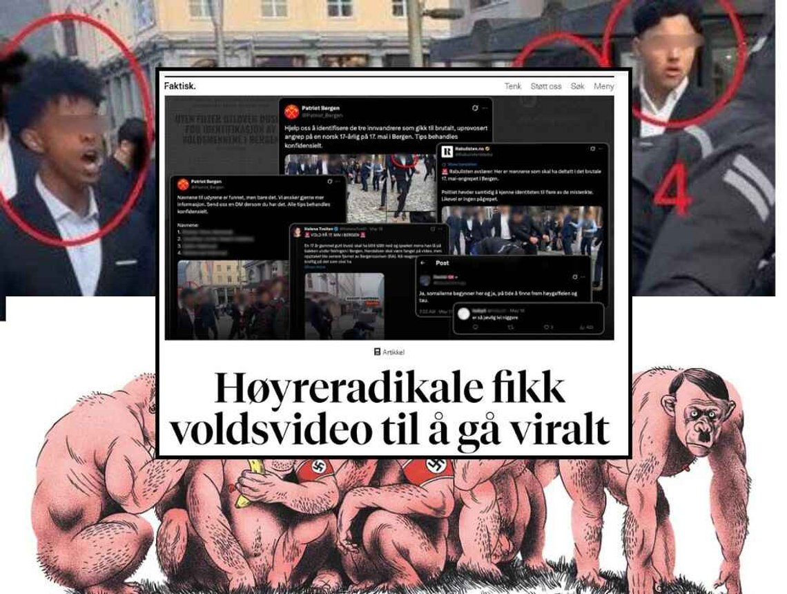 Øverst: Stillbilde fra volden mot en 17-åring i Bergen på nasjonaldagen 17. mai.
Nederst: Skjermbilde av illustrasjon i Bergens Tidende (12.10.2024) som fremstilte seks «voldelige rasister» på jakt i Bergen under Hamse Ali-saken. Insatt bilde: Skjermbilde fra Faktisk.no. - Høyreradikal konto bak da voldsvideo gikk viralt Øverst: Stillbilde fra volden mot en 17-åring i Bergen på nasjonaldagen 17. mai.
Nederst: Skjermbilde av illustrasjon i Bergens Tidende (12.10.2024) som fremstilte seks «voldelige rasister» på jakt i Bergen under Hamse Ali-saken. Insatt bilde: Skjermbilde fra Faktisk.no. - Høyreradikal konto bak da voldsvideo gikk viralt
