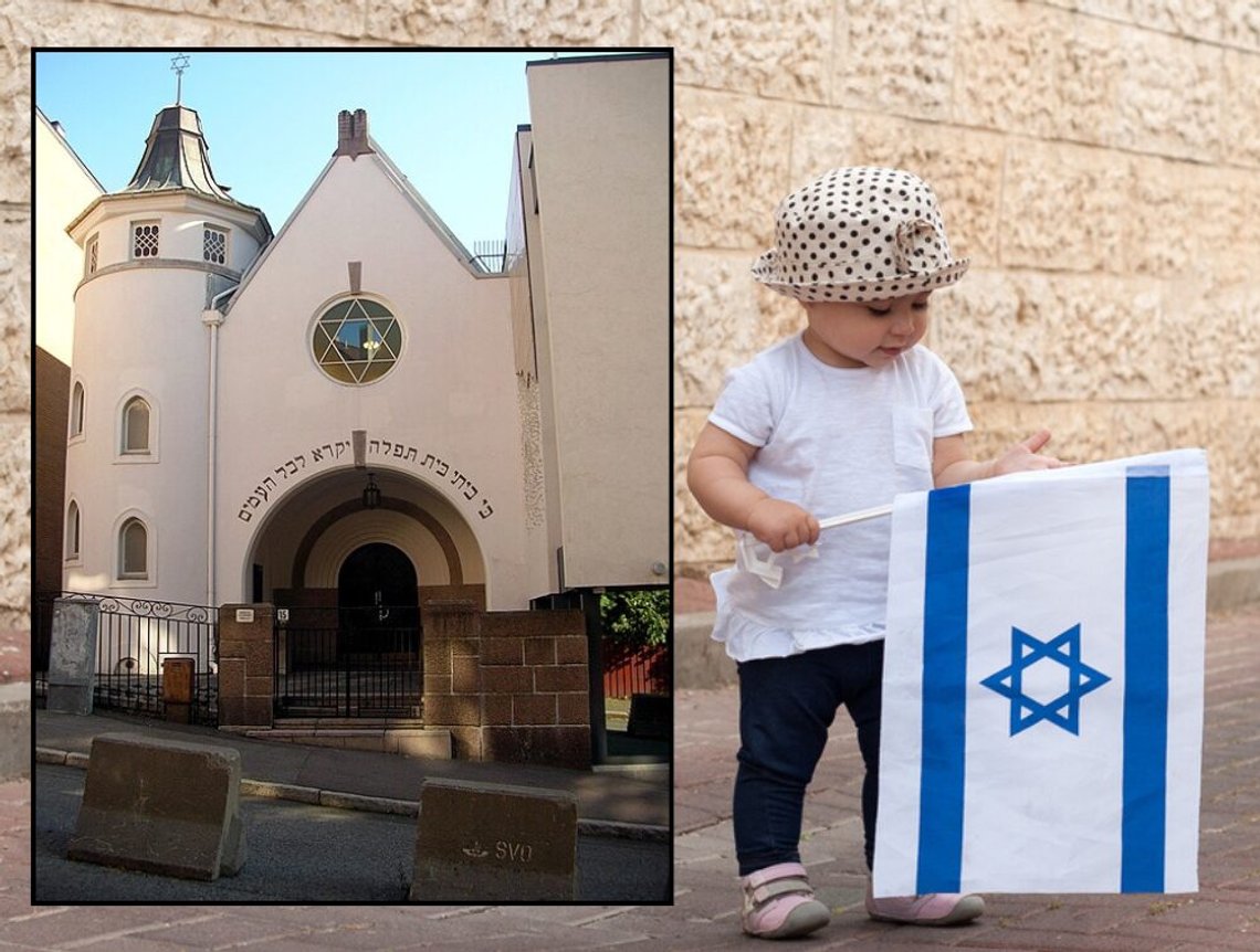 Hovedbilde: Jødisk barn med Israels flagg. Shutterstock av Inna Reznik. Innfelt bilde: Synagoge i Oslo, Norge, med sperringer foran. Kilde: Wikimedia. Hovedbilde: Jødisk barn med Israels flagg. Shutterstock av Inna Reznik. Innfelt bilde: Synagoge i Oslo, Norge, med sperringer foran. Kilde: Wikimedia.