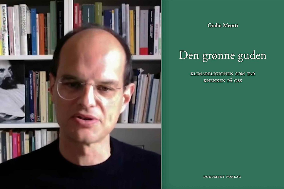 Giulio Meotti. Stillbilde: Tempi / YouTube. Omslag til «Den grønne guden»: Document. Giulio Meotti. Stillbilde: Tempi / YouTube. Omslag til «Den grønne guden»: Document.