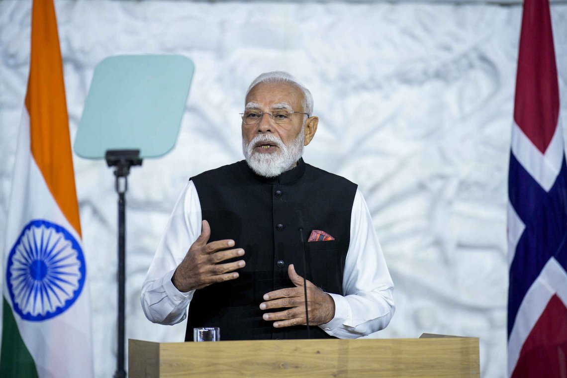 Oslo 20260519.
Indias statsminister Narendra Modi på pressekonferansen etter møtet mellom India og de nordiske landene i Rådhuset i Oslo.
Foto: Stian Lysberg Solum / NTB / POOL Oslo 20260519.
Indias statsminister Narendra Modi på pressekonferansen etter møtet mellom India og de nordiske landene i Rådhuset i Oslo.
Foto: Stian Lysberg Solum / NTB / POOL
