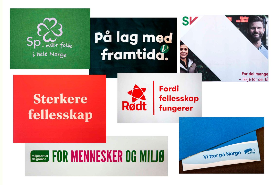 Oslo 20190705.
Valgeffekter. Slagord fra Senterpartiet (Sp), Miljøpartiet De Grønne (MDG), Venstre (V), Sosialistisk Venstreparti (SV), Arbeiderpartiet (Ap), Rødt og Høyre (H) i forbindelse med kommunestyre- og fylkestingsvalget 2019.
Foto: Lise Åserud / NTB Oslo 20190705.
Valgeffekter. Slagord fra Senterpartiet (Sp), Miljøpartiet De Grønne (MDG), Venstre (V), Sosialistisk Venstreparti (SV), Arbeiderpartiet (Ap), Rødt og Høyre (H) i forbindelse med kommunestyre- og fylkestingsvalget 2019.
Foto: Lise Åserud / NTB