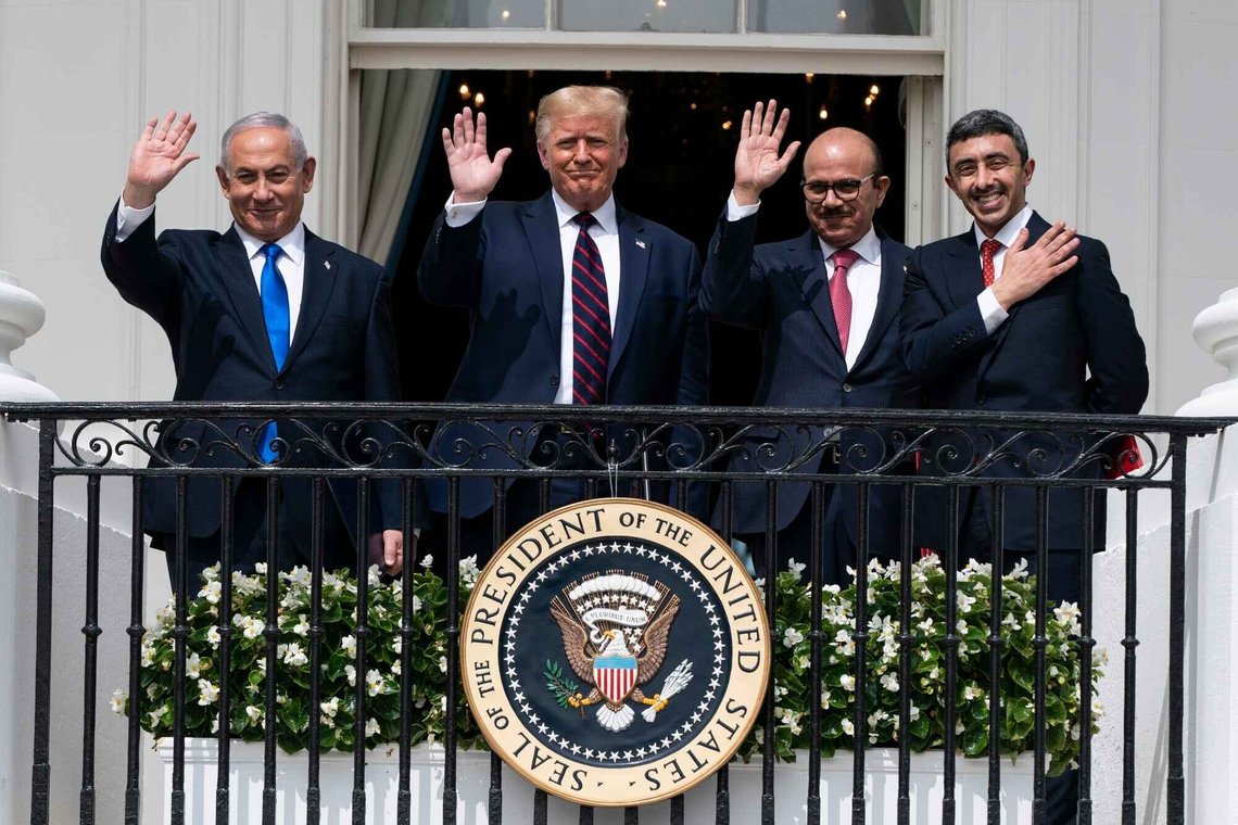 FILE - Israeli Prime Minister Benjamin Netanyahu, left, U.S. President Donald Trump, Bahrain Foreign Minister Khalid bin Ahmed Al Khalifa and United Arab Emirates Foreign Minister Abdullah bin Zayed al-Nahyan pose for a photo on the Blue Room Balcony after signing the Abraham Accords at the White House in Washington, Sept. 15, 2020. (AP Photo/Alex Brandon, File) FILE - Israeli Prime Minister Benjamin Netanyahu, left, U.S. President Donald Trump, Bahrain Foreign Minister Khalid bin Ahmed Al Khalifa and United Arab Emirates Foreign Minister Abdullah bin Zayed al-Nahyan pose for a photo on the Blue Room Balcony after signing the Abraham Accords at the White House in Washington, Sept. 15, 2020. (AP Photo/Alex Brandon, File)