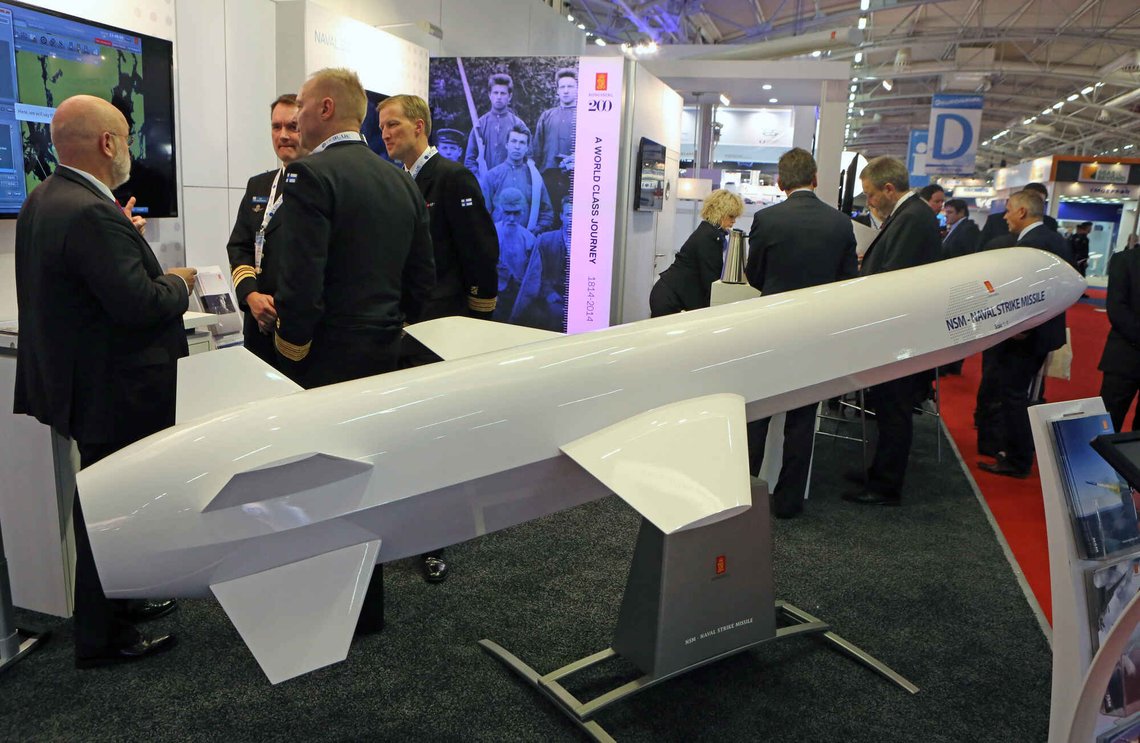 Visitors are gathered next to a display of an NSM Naval Strike Missile made by Norwegian company Kongsberg, presented at the Euronaval show, in Le Bourget, North of Paris, France, Wednesday Oct. 29, 2014. (AP Photo/Remy de la Mauviniere) Visitors are gathered next to a display of an NSM Naval Strike Missile made by Norwegian company Kongsberg, presented at the Euronaval show, in Le Bourget, North of Paris, France, Wednesday Oct. 29, 2014. (AP Photo/Remy de la Mauviniere)