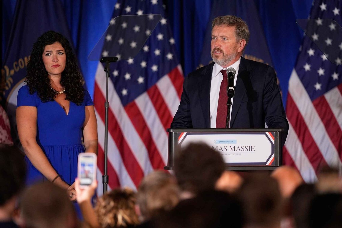 Rep. Thomas Massie, R-Ky., right, joined by his wife Carolyn Moffa, speaks during an election night watch party after losing the Republican party's nomination at the Marriott Cincinnati Airport, Tuesday, May 19, 2026, in Hebron, Ky. (AP Photo/Carolyn Kaster) Rep. Thomas Massie, R-Ky., right, joined by his wife Carolyn Moffa, speaks during an election night watch party after losing the Republican party's nomination at the Marriott Cincinnati Airport, Tuesday, May 19, 2026, in Hebron, Ky. (AP Photo/Carolyn Kaster)