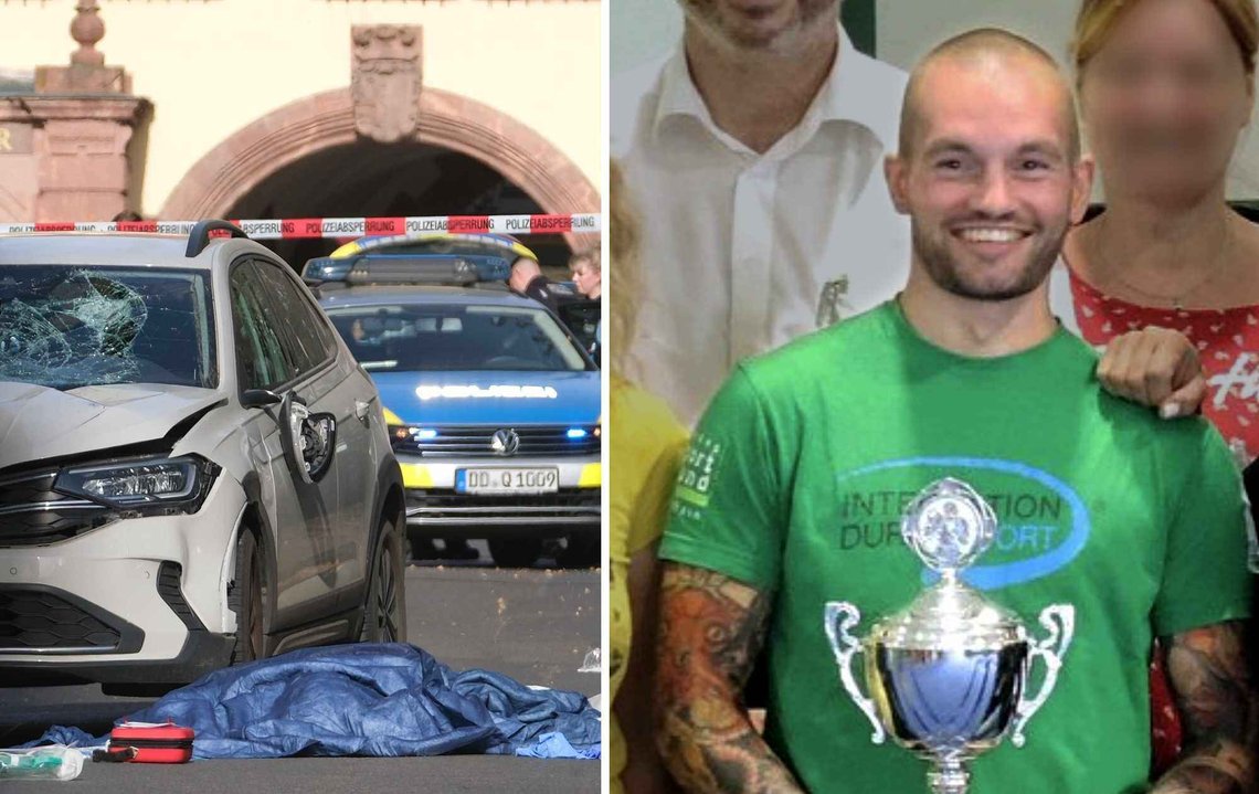 Jeffrey Kloß fotografert i 2019 som boksetrener. Tatoveringene stemmer med den pågrepne sjåføren av den hvite bilen på åstedsbildet. Et av dødsofrene ble truffet av bilen på dette stedet og ligger tildekket. (Foto: Sebastian Willnow/dpa via AP og Boxring Atlas på Facebook) Jeffrey Kloß fotografert i 2019 som boksetrener. Tatoveringene stemmer med den pågrepne sjåføren av den hvite bilen på åstedsbildet. Et av dødsofrene ble truffet av bilen på dette stedet og ligger tildekket. (Foto: Sebastian Willnow/dpa via AP og Boxring Atlas på Facebook)