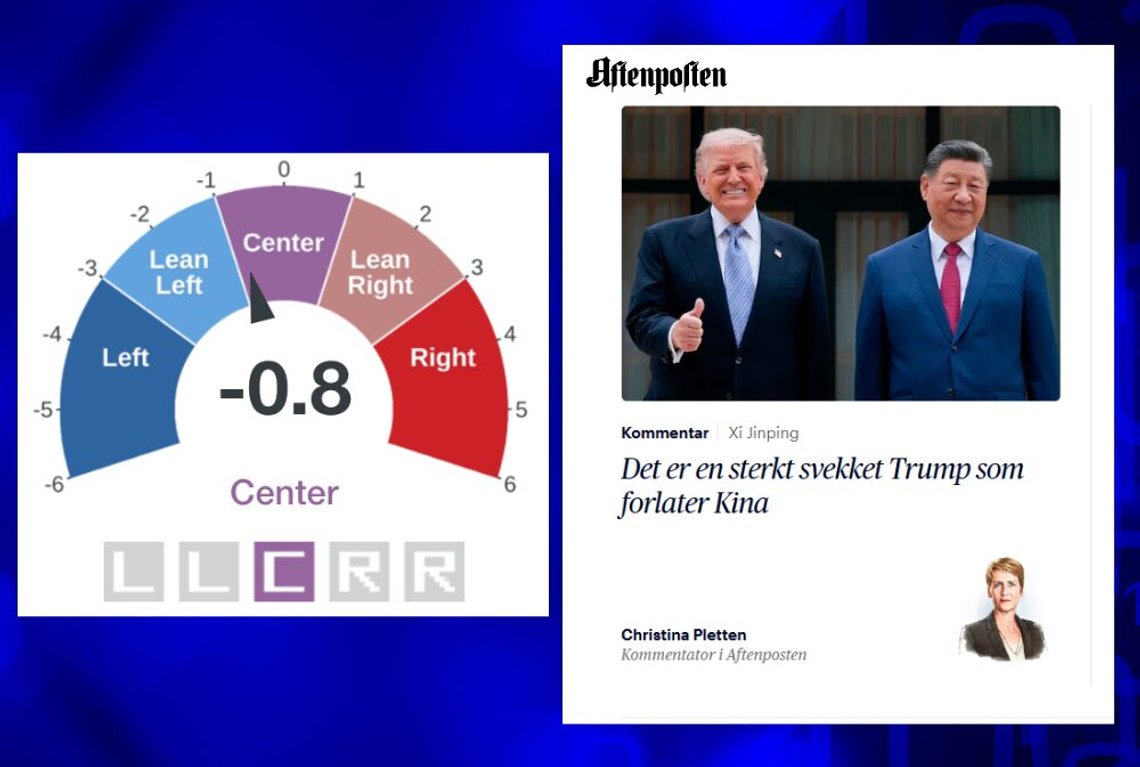 Skjermbilde av AllSides’ «bias meter» og artikkelen til Christina Pletten i Aftenposten. Skjermbilde av AllSides’ «bias meter» og artikkelen til Christina Pletten i Aftenposten.