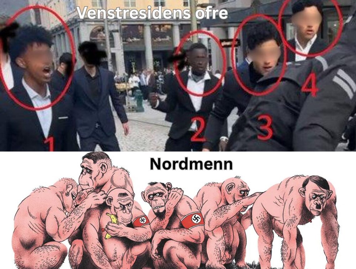 Øverst: Stillbilde fra volden mot en 17-åring i Bergen på nasjonaldagen 17. mai.
Nederst: Skjermbilde av illustrasjon i Bergens Tidende (12.10.2024) som fremstilte seks «voldelige rasister» på jakt i Bergen under Hamse Ali-saken. Øverst: Stillbilde fra volden mot en 17-åring i Bergen på nasjonaldagen 17. mai.
Nederst: Skjermbilde av illustrasjon i Bergens Tidende (12.10.2024) som fremstilte seks «voldelige rasister» på jakt i Bergen under Hamse Ali-saken.