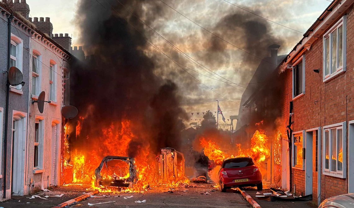 Biler er satt i brann av demonstranter i Lendrick Street i Belfast den 9. juni 2026, etter at en sudansk mann ble arrestert etter et knivangrep i byen. Foto: PA via AP / NTB. Biler er satt i brann av demonstranter i Lendrick Street i Belfast den 9. juni 2026, etter at en sudansk mann ble arrestert etter et knivangrep i byen. Foto: PA via AP / NTB.