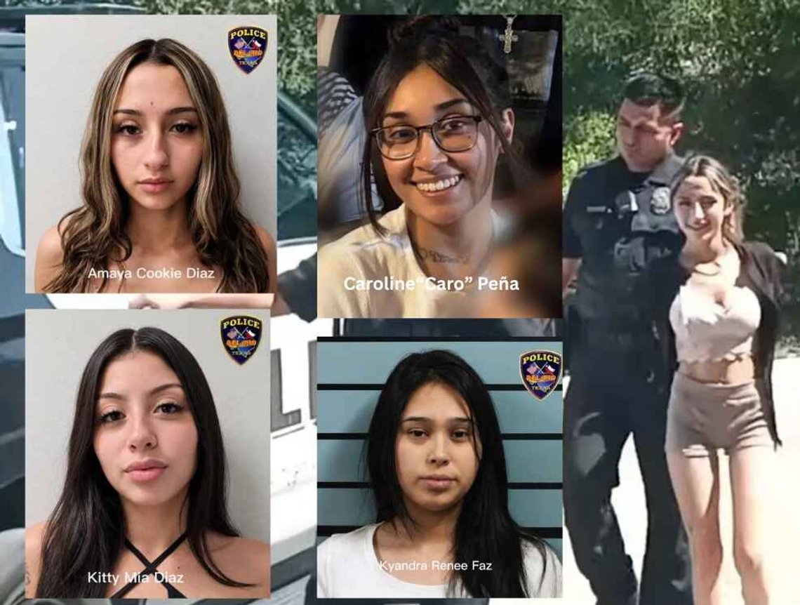 Søsknene Kitty Mia Diaz (21) og Amaya Cookie Diaz (19) samt deres 21 år gamle venninne Kyandra Renee Faz sitter varetektsfengslet, siktet for drap. Offeret, fembarnsmoren Caroline «Caro» Peña, ble knivstukket flere ganger. Foto: Politiet i Del Rio og skjermbilde fra media. Søsknene Kitty Mia Diaz (21) og Amaya Cookie Diaz (19) samt deres 21 år gamle venninne Kyandra Renee Faz sitter varetektsfengslet, siktet for drap. Offeret, fembarnsmoren Caroline «Caro» Peña, ble knivstukket flere ganger. Foto: Politiet i Del Rio og skjermbilde fra media.