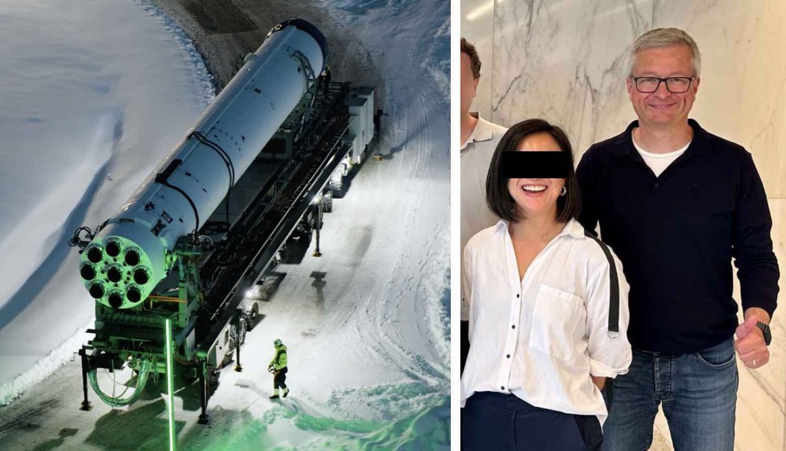 Den kinesiske kvinnen som har bånd til en av de siktede i spionsaken på Andøya er her avbildet sommeren 2023 sammen med sin sjef i Frequentis Norway, Oliver Ossege. T.v. fraktes en modul fra Isar Aerospaces rakett «Spectrum» til rampen på Andøya Spaceport. (Foto: Isar Aerospace/Privat) Den kinesiske kvinnen som har bånd til en av de siktede i spionsaken på Andøya er her avbildet sommeren 2023 sammen med sin sjef i Frequentis Norway, Oliver Ossege. T.v. fraktes en modul fra Isar Aerospaces rakett «Spectrum» til rampen på Andøya Spaceport. (Foto: Isar Aerospace/Privat)