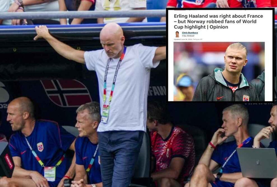 SKUFFET: Ståle Solbakken er ikke fornøyd. Foto: Fredrik Varfjell (NTB). Innsatt bilde: Skjermbilde av artikkel i USA Today: Erling Haaland was right about France – but Norway robbed fans of World Cup highlight. SKUFFET: Ståle Solbakken er ikke fornøyd. Foto: Fredrik Varfjell (NTB). Innsatt bilde: Skjermbilde av artikkel i USA Today: Erling Haaland was right about France – but Norway robbed fans of World Cup highlight.
