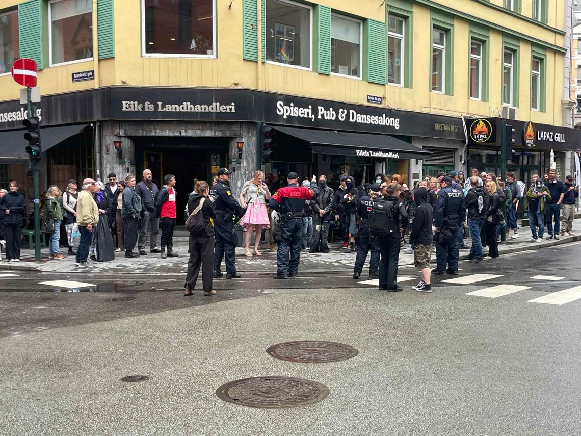 Et mannsterkt politioppbud sørget for at demonstrantene holdt seg på matta. Foto: Document Et mannsterkt politioppbud sørget for at demonstrantene holdt seg på matta. Foto: Document