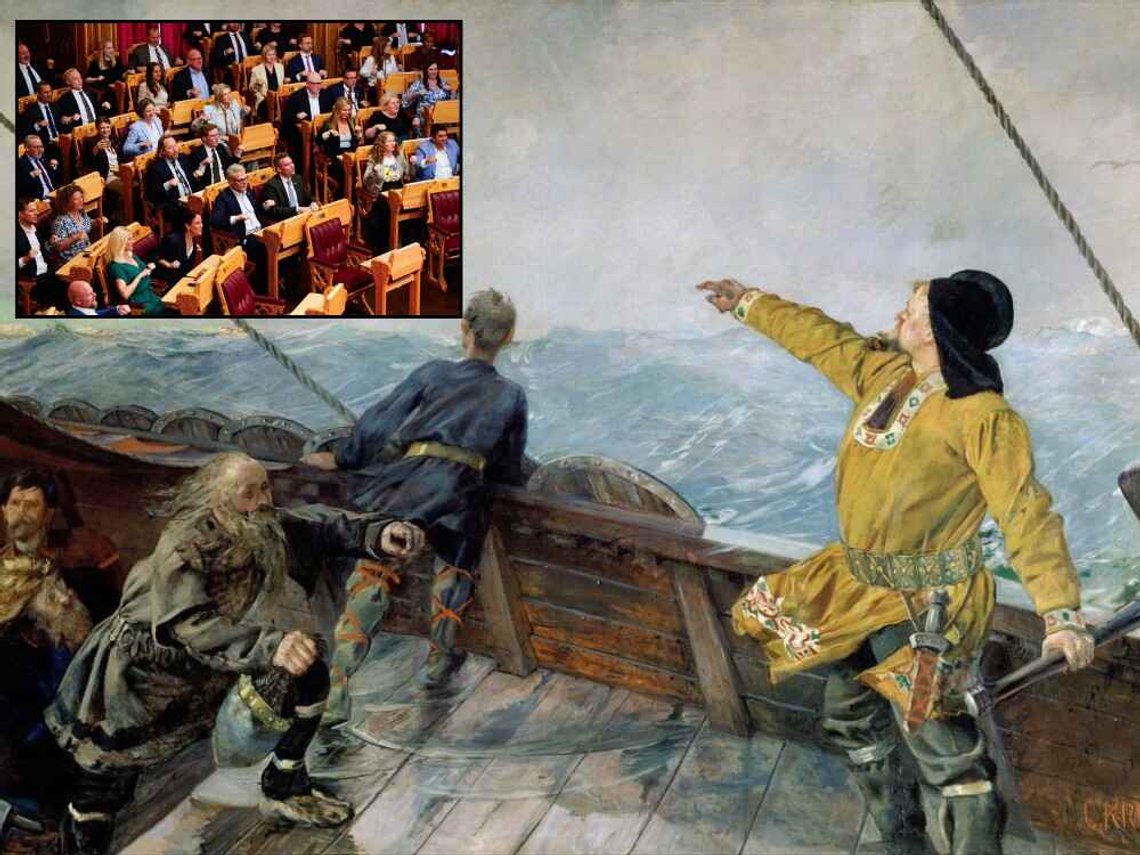 Leiv Eiriksson oppdager Amerika, malt av Christian Krohg, 1893. Bilde fra Wikimedia commons. Innsatt bilde: Stortingsrepresentantene «ror» for det norske fotballandslaget før den såkalte PST-saken behandles i Stortinget torsdag. Foto: Håkon Mosvold Larsen (NTB) Leiv Eiriksson oppdager Amerika, malt av Christian Krohg, 1893. Bilde fra Wikimedia commons. Innsatt bilde: Stortingsrepresentantene «ror» for det norske fotballandslaget før den såkalte PST-saken behandles i Stortinget torsdag. Foto: Håkon Mosvold Larsen (NTB)