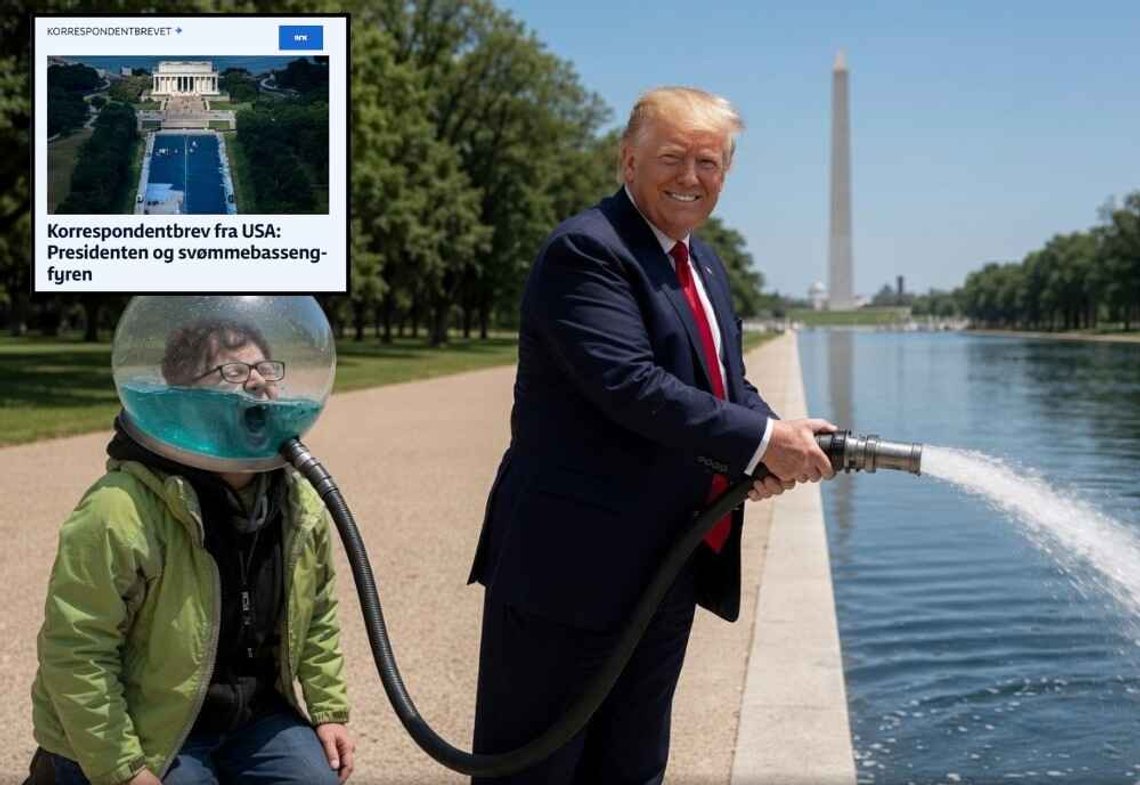 Skjermbilde fra Truth Social: Trump hånet kritikerne av bassengprosjektet sitt ved å dele en AI-generert video der han fyller bassenget med «liberale tårer». Innsatt bilde: Skjermbilde fra NRK: Korrespondentbrev fra USA: Presidenten og svømmebasseng-fyren Skjermbilde fra Truth Social: Trump hånet kritikerne av bassengprosjektet sitt ved å dele en AI-generert video der han fyller bassenget med «liberale tårer». Innsatt bilde: Skjermbilde fra NRK: Korrespondentbrev fra USA: Presidenten og svømmebasseng-fyren