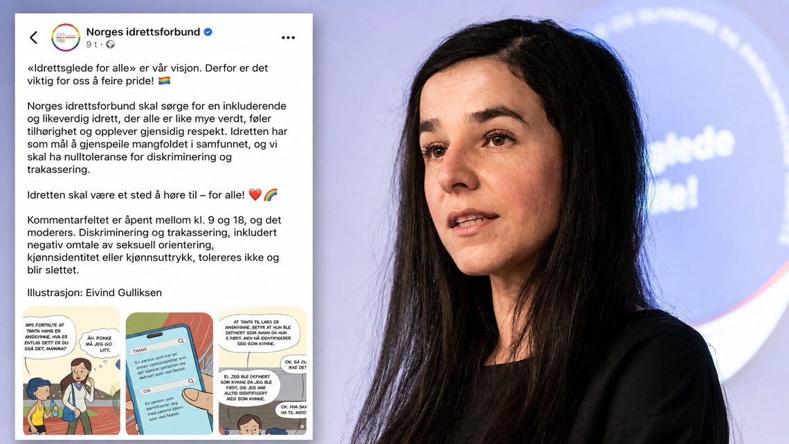 NIF-president Zaineb Al-Samarai og NIFs Pride-innlegg på Facebook, som dannet bakgrunnen for saken. Foto: Thomas Fure / NTB og skjermdump Facebook NIF-president Zaineb Al-Samarai og NIFs Pride-innlegg på Facebook, som dannet bakgrunnen for saken. Foto: Thomas Fure / NTB og skjermdump Facebook