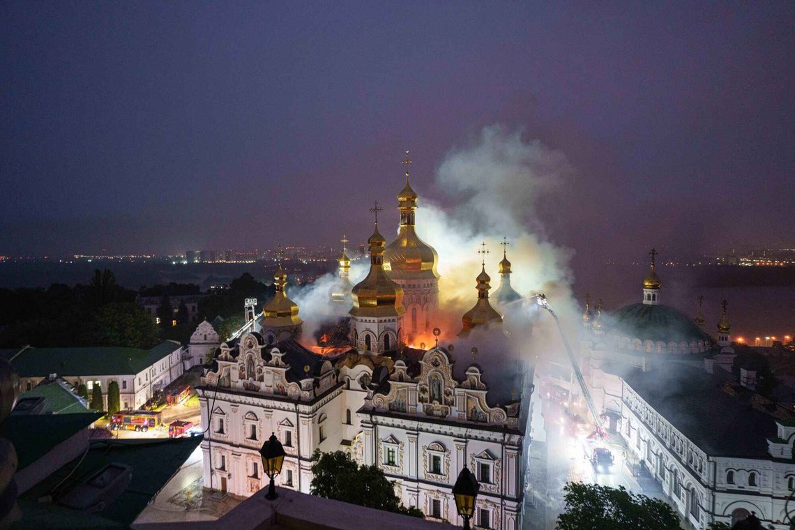 Rescue workers try to put out a fire at the Dormition Cathedral of thousand-year-old Monastery of Caves, also known as Kyiv Pechersk Lavra, following a Russian strike on Kyiv, Ukraine, Monday, June 15, 2026. (AP Photo/Evgeniy Maloletka) Rescue workers try to put out a fire at the Dormition Cathedral of thousand-year-old Monastery of Caves, also known as Kyiv Pechersk Lavra, following a Russian strike on Kyiv, Ukraine, Monday, June 15, 2026. (AP Photo/Evgeniy Maloletka)