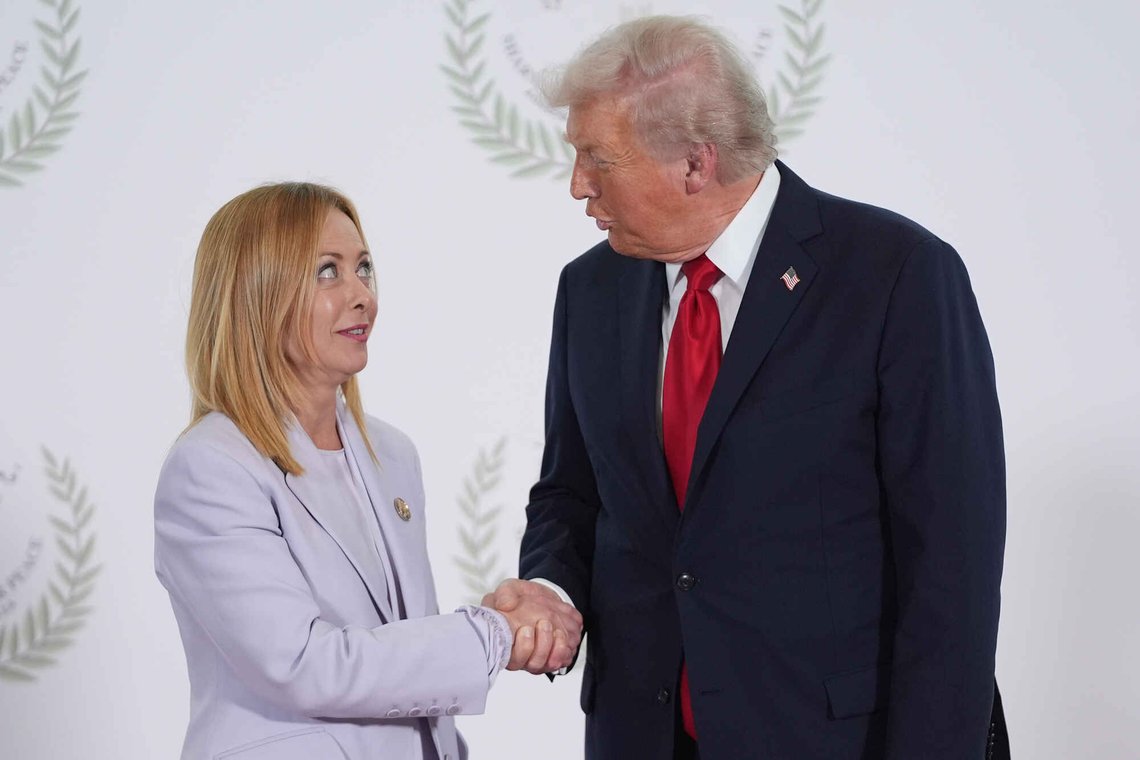 President Donald Trump greets Italy's Prime Minister Giorgia Meloni during summit to support ending the more than two-year Israel-Hamas war in Gaza after a breakthrough ceasefire deal, Monday, Oct. 13, 2025, in Sharm El Sheikh, Egypt. (AP Photo/Evan Vucci, Pool) President Donald Trump greets Italy's Prime Minister Giorgia Meloni during summit to support ending the more than two-year Israel-Hamas war in Gaza after a breakthrough ceasefire deal, Monday, Oct. 13, 2025, in Sharm El Sheikh, Egypt. (AP Photo/Evan Vucci, Pool)