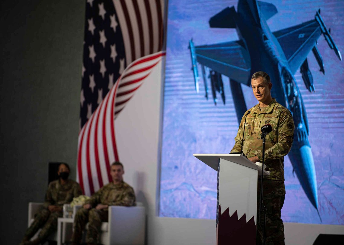In this photo provided by the U.S. Air Force, U.S. Air Force Lt. Gen. Alexus G. Grynkewich, incoming Ninth Air Force (Air Forces Central) commander, delivers a commemorative speech during a change of command ceremony at Al Udeid Air Base, Qatar, Thursday, July 21, 2022. Grynkewich , the top U.S. Air Force general in the Middle East warned on Thursday, July 21, 2022 that Iran-backed militias could resume attacks in the region against the United States and its allies as tensions rise — assaults that could lead to a new Mideast escalation. (Staff Sgt. Draeke Layman/U.S. Air Force via AP) In this photo provided by the U.S. Air Force, U.S. Air Force Lt. Gen. Alexus G. Grynkewich, incoming Ninth Air Force (Air Forces Central) commander, delivers a commemorative speech during a change of command ceremony at Al Udeid Air Base, Qatar, Thursday, July 21, 2022. Grynkewich , the top U.S. Air Force general in the Middle East warned on Thursday, July 21, 2022 that Iran-backed militias could resume attacks in the region against the United States and its allies as tensions rise — assaults that could lead to a new Mideast escalation. (Staff Sgt. Draeke Layman/U.S. Air Force via AP)