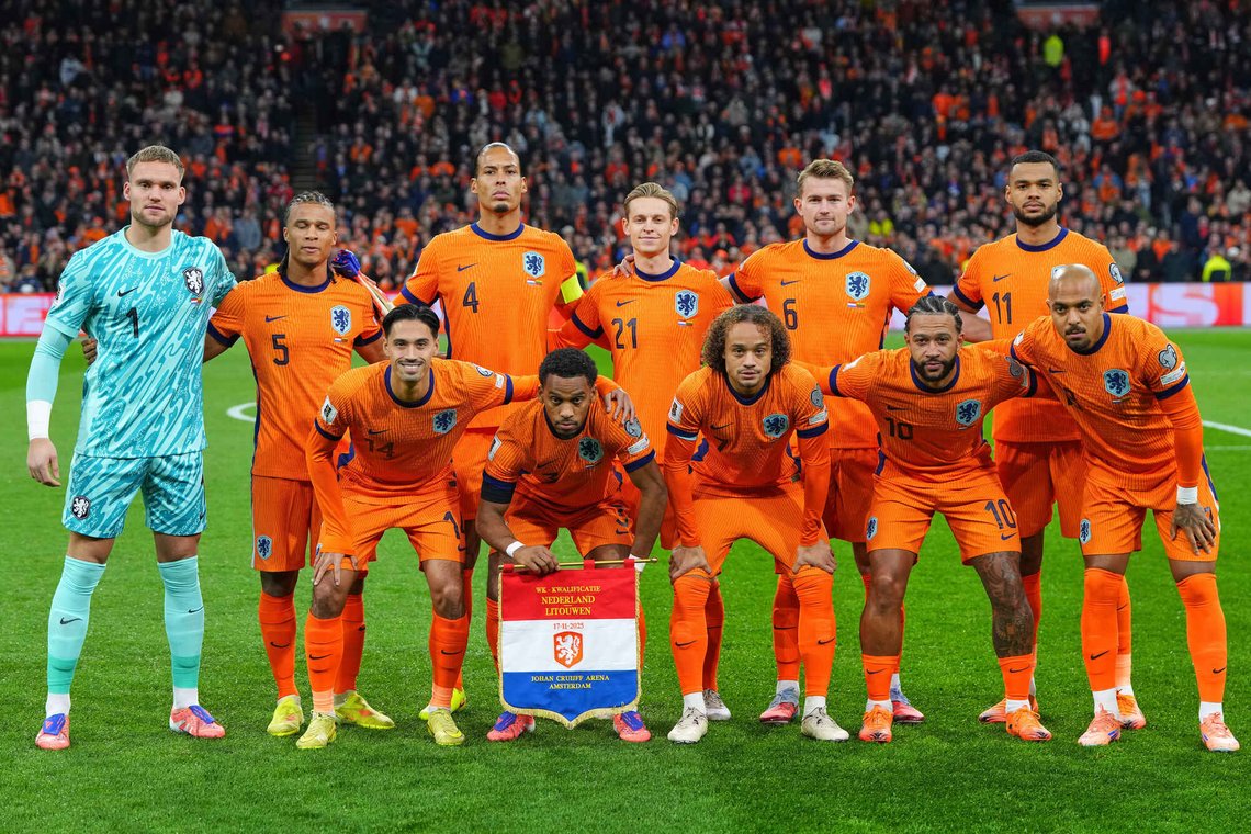 FILE - Netherlands'players, goalkeeper Bart Verbruggen, Nathan Ake, Virgil van Dijk, Frenkie de Jong, Matthijs de Ligt, and Cody Gakpo, rear row from left, and Tijjani Reijnders, Jurrien Timber, Xavi Simons, Memphis Depay and Donyell Malen, front row from left, pose for a team photo prior to a World Cup 2026 group G qualifying soccer match between Netherlands and Lithuania in Amsterdam, Netherlands, Monday, Nov. 17, 2025. (AP Photo/Peter Dejong, File) FILE - Netherlands'players, goalkeeper Bart Verbruggen, Nathan Ake, Virgil van Dijk, Frenkie de Jong, Matthijs de Ligt, and Cody Gakpo, rear row from left, and Tijjani Reijnders, Jurrien Timber, Xavi Simons, Memphis Depay and Donyell Malen, front row from left, pose for a team photo prior to a World Cup 2026 group G qualifying soccer match between Netherlands and Lithuania in Amsterdam, Netherlands, Monday, Nov. 17, 2025. (AP Photo/Peter Dejong, File)