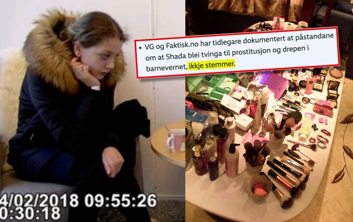 Shada al-Bargouthi i tilrettelagt avhør med politiet i 2018 (t.v.) og sminken og personlige effekter de etterlatte fikk utlevert etter 16-åringens død i 2019 (t.h.). Innfelt: NRKs forsøk på å parkere påstander om at tenåringen ble utsatt for trafficking. (Foto: Fra politiets video/Privat/skjermdump fra NRK.no) Shada al-Bargouthi i tilrettelagt avhør med politiet i 2018 (t.v.) og sminken og personlige effekter de etterlatte fikk utlevert etter 16-åringens død i 2019 (t.h.). Innfelt: NRKs forsøk på å parkere påstander om at tenåringen ble utsatt for trafficking. (Foto: Fra politiets video/Privat/skjermdump fra NRK.no)