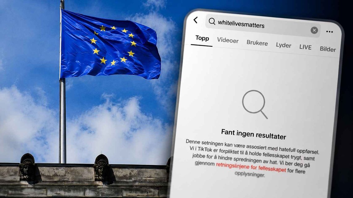 TikTok viser en advarsel om mulig «hatefull oppførsel» ved søk på «White Lives Matter» og «Save Europe». Illustrasjon: Skjermdump TikTok / Pixabay TikTok viser en advarsel om mulig «hatefull oppførsel» ved søk på «White Lives Matter» og «Save Europe». Illustrasjon: Skjermdump TikTok / Pixabay