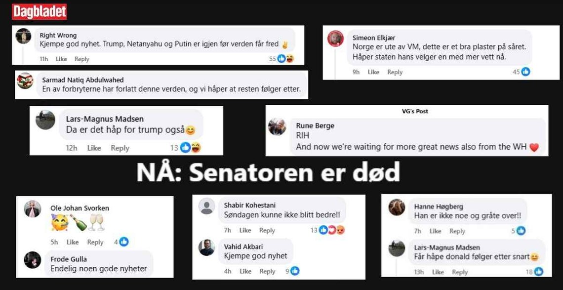 Facebook-innlegg fra Dagbladet om senator Lindsey Grahams død (redigert skjermbilde). Innlagte leserkommentarer fra Dagbladet og VG. Facebook-innlegg fra Dagbladet om senator Lindsey Grahams død (redigert skjermbilde). Innlagte leserkommentarer fra Dagbladet og VG.
