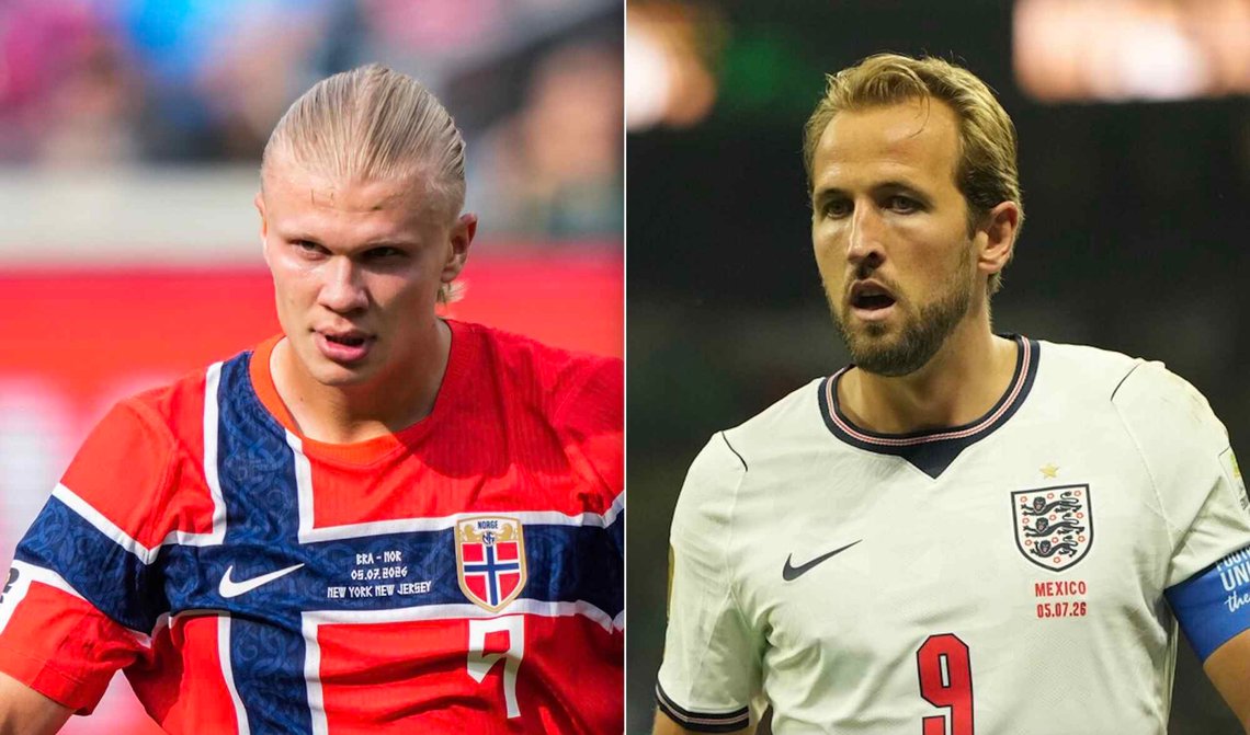 T.v. Erling Braut Haaland under 8-delsfinalen mellom Brasil og Norge i fotball-VM den 5. juli 2026. Foto: Fredrik Varfjell / NTB. T.h. Harry Kane under 8-delsfinalen mellom Mexico og England den 5. juli 2026. Foto: Moises Castillo / AP / NTB. T.v. Erling Braut Haaland under 8-delsfinalen mellom Brasil og Norge i fotball-VM den 5. juli 2026. Foto: Fredrik Varfjell / NTB. T.h. Harry Kane under 8-delsfinalen mellom Mexico og England den 5. juli 2026. Foto: Moises Castillo / AP / NTB.