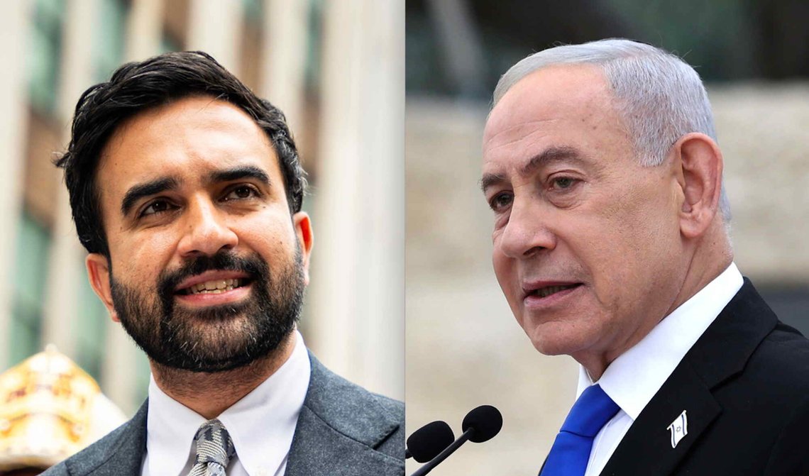 T.v. Zohran Mamdani, foto: Angelina Katsanis / AP / NTB. T.h. Benjamin Netanyahu, foto: Ilia Yefimovich / Pool via AP / NTB. T.v. Zohran Mamdani, foto: Angelina Katsanis / AP / NTB. T.h. Benjamin Netanyahu, foto: Ilia Yefimovich / Pool via AP / NTB.