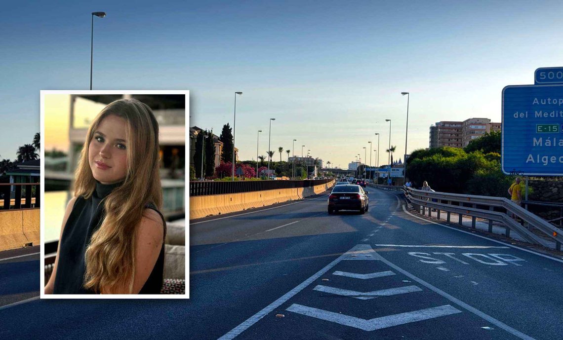 Det var like etter denne utkjørselen på motorveien A-7 fra Riviera del Sol i Spania at norske Nikoline Piwoni Høie (innfelt) skal ha blitt funnet omkommet. Påkjørselen skal ha skjedd på den andre siden av sikkerhetsgjerdet på midtrabatten. (Foto: Document/Privat) Det var like etter denne utkjørselen på motorveien A-7 fra Riviera del Sol i Spania at norske Nikoline Piwoni Høie (innfelt) skal ha blitt funnet omkommet. Påkjørselen skal ha skjedd på den andre siden av sikkerhetsgjerdet på midtrabatten. (Foto: Document/Privat)