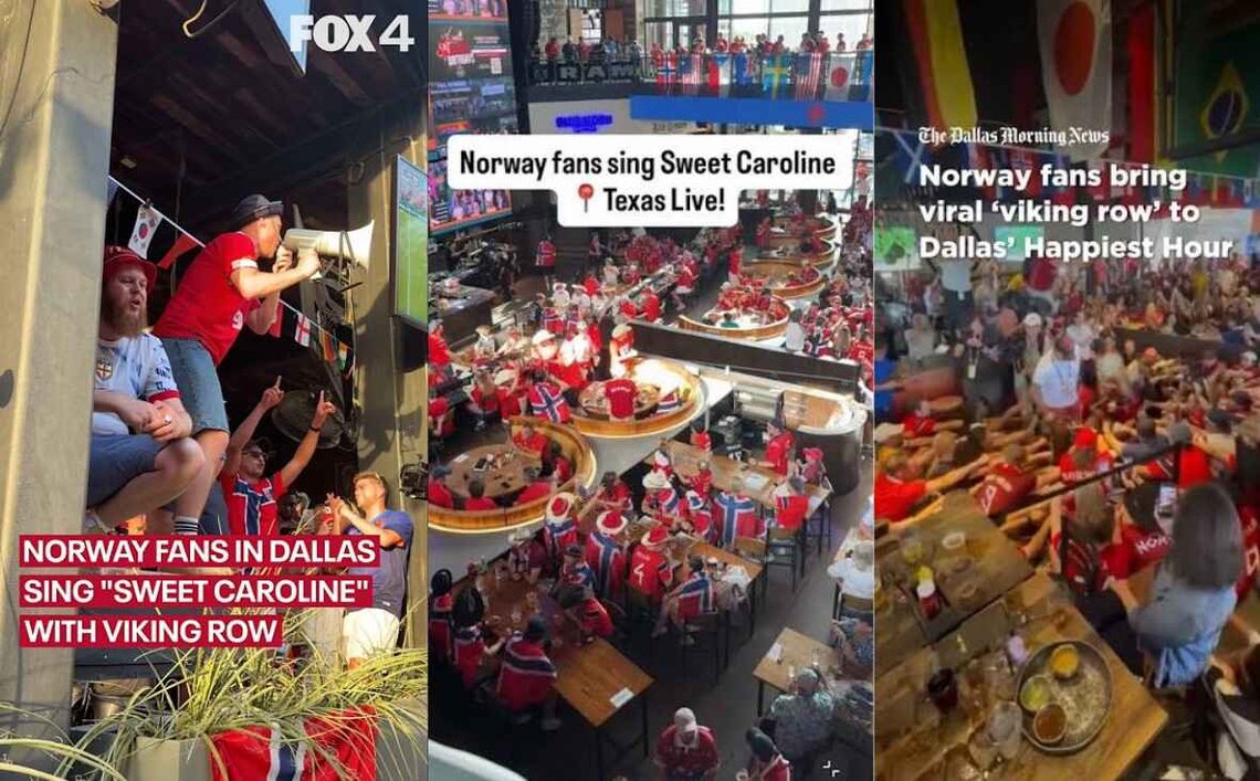 Norway fan sing Sweet Caroline, Texas Live. Screen shots: Fox News Dallas, CBS News Texas (Lacey Beasly), The Dallas Morning News. Norway fan sing Sweet Caroline, Texas Live. Screen shots: Fox News Dallas, CBS News Texas (Lacey Beasly), The Dallas Morning News.