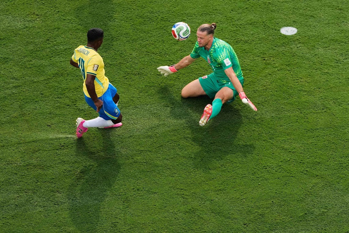 Brazil's Endrick (19) shoots wide of goal past Norway goalkeeper Oerjan Nyland (1) during the World Cup round of 16 soccer match between Brazil and Norway in East Rutherford, N.J., near New York, Sunday, July 5, 2026. (AP Photo/Matt Slocum) Brazil's Endrick (19) shoots wide of goal past Norway goalkeeper Oerjan Nyland (1) during the World Cup round of 16 soccer match between Brazil and Norway in East Rutherford, N.J., near New York, Sunday, July 5, 2026. (AP Photo/Matt Slocum)