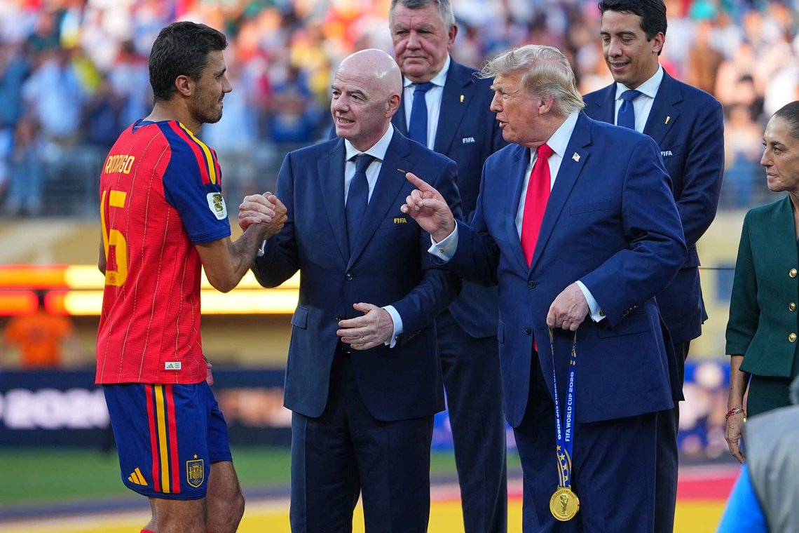 Spain's Rodri (16) is greeted by FIFA President Gianni Infantino and President Donald J. Trump during the presentation ceremony after the World Cup final soccer match between Spain and Argentina in East Rutherford, N.J., near New York, Sunday, July 19, 2026. (AP Photo/Julio Cortez) Spain's Rodri (16) is greeted by FIFA President Gianni Infantino and President Donald J. Trump during the presentation ceremony after the World Cup final soccer match between Spain and Argentina in East Rutherford, N.J., near New York, Sunday, July 19, 2026. (AP Photo/Julio Cortez)