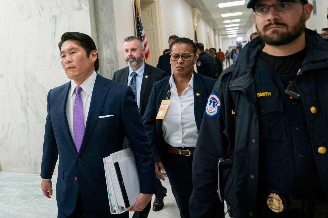 Special Counsel Robert Hur, left, departs following a hearing of the House Judiciary Committee in the Rayburn Office Building on Capitol Hill in Washington, Tuesday, March 12, 2024. (AP Photo/Nathan Howard) Special Counsel Robert Hur, left, departs following a hearing of the House Judiciary Committee in the Rayburn Office Building on Capitol Hill in Washington, Tuesday, March 12, 2024. (AP Photo/Nathan Howard)
