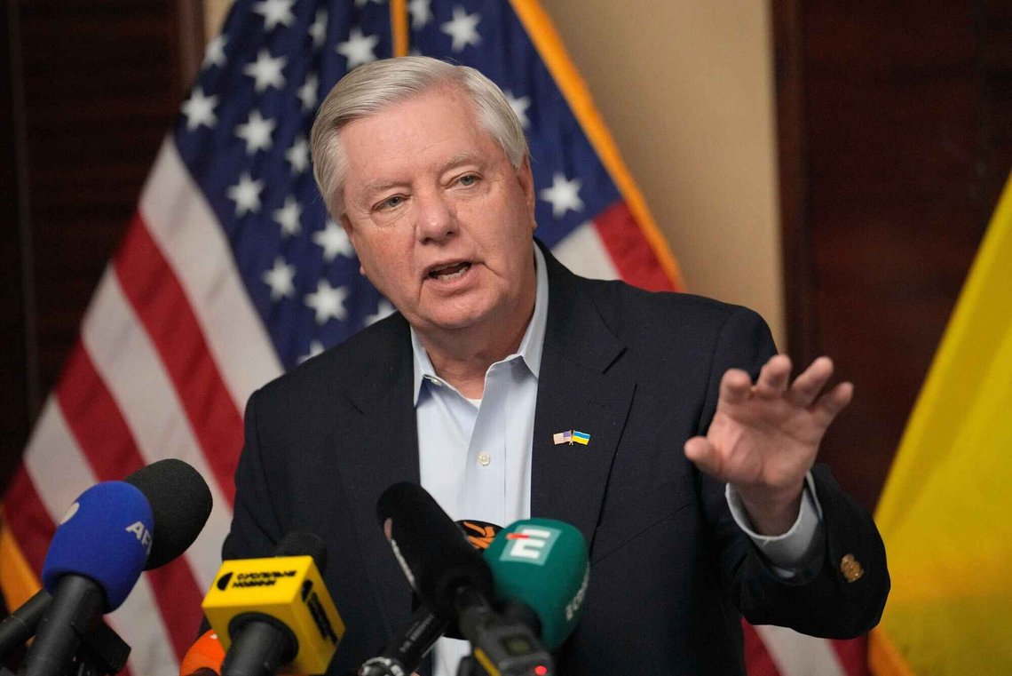 FILE - U.S. Sen. Lindsey Graham, R-S.C., gestures as he speaks to the media in Kyiv, Ukraine, March 18, 2024. (AP Photo/Vadim Ghirda, File) FILE - U.S. Sen. Lindsey Graham, R-S.C., gestures as he speaks to the media in Kyiv, Ukraine, March 18, 2024. (AP Photo/Vadim Ghirda, File)