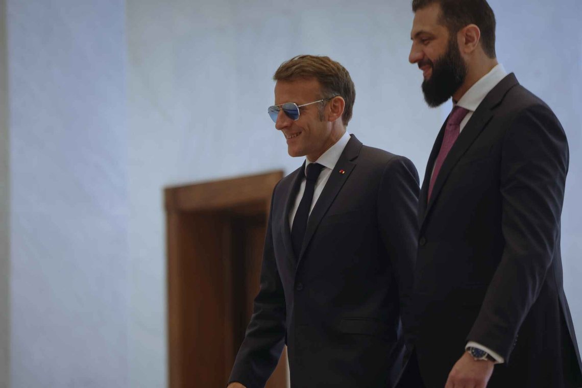 Syrian President Ahmad al-Sharaa, right, meets French President Emmanuel Macron at the presidential palace in Damascus, Syria, Tuesday, July 7, 2026. (AP Photo/Ghaith Alsayed) Syrian President Ahmad al-Sharaa, right, meets French President Emmanuel Macron at the presidential palace in Damascus, Syria, Tuesday, July 7, 2026. (AP Photo/Ghaith Alsayed)