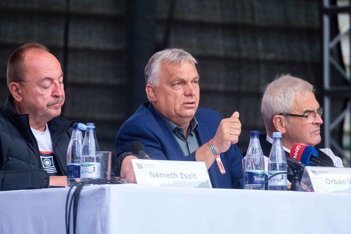 Former Hungarian Prime Minister Viktor Orban, center, speaks during the 35th Balvanyos Summer University and Students' Camp in Baile Tusnad, Romania, Saturday, July 25, 2026. At left MP of Fidesz Zsolt Nemeth, at right President of the Hungarian National Council of Transylvania Laszlo Tokes. (Nandor Veres/MTI via AP) Former Hungarian Prime Minister Viktor Orban, center, speaks during the 35th Balvanyos Summer University and Students' Camp in Baile Tusnad, Romania, Saturday, July 25, 2026. At left MP of Fidesz Zsolt Nemeth, at right President of the Hungarian National Council of Transylvania Laszlo Tokes. (Nandor Veres/MTI via AP)