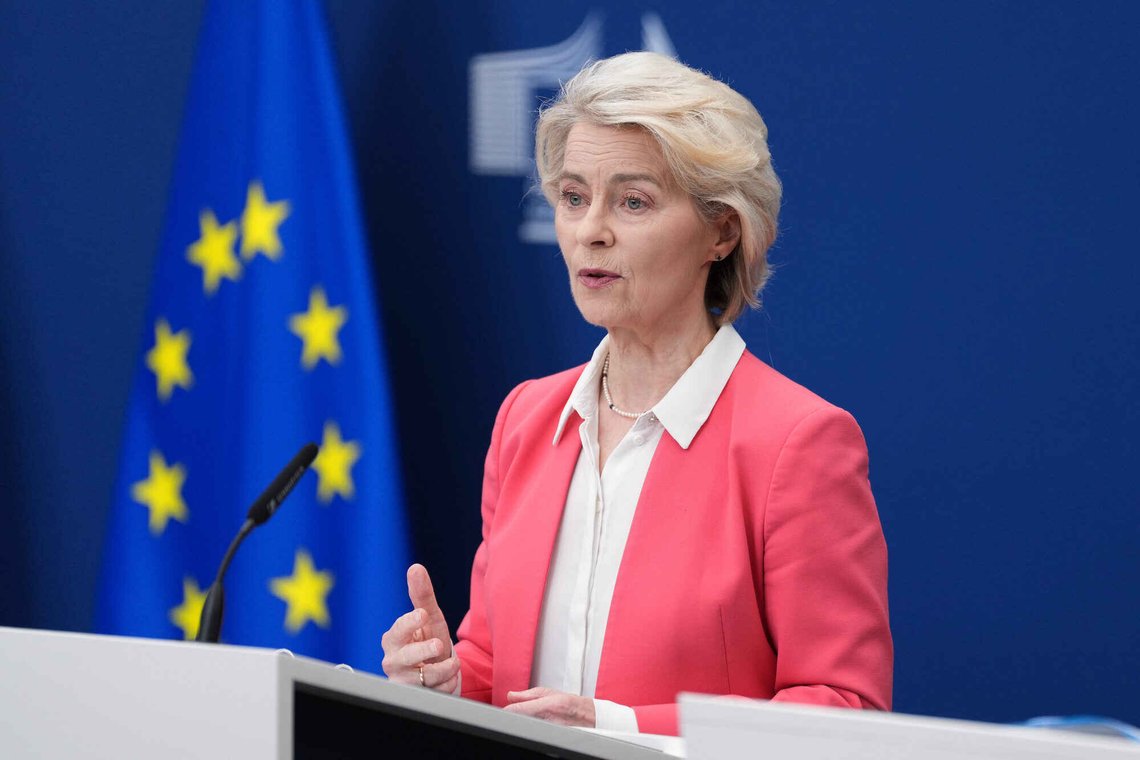 European Commission President Ursula von der Leyen speaks during a report on children's safety online at EU headquarters in Brussels, Monday, July 13, 2026. (AP Photo/Marius Burgelman) European Commission President Ursula von der Leyen speaks during a report on children's safety online at EU headquarters in Brussels, Monday, July 13, 2026. (AP Photo/Marius Burgelman)