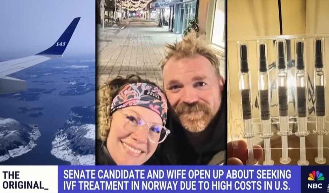 Senatskandidaten Graham Platner og hans kone gjennomgikk IVF-behandling i Norge på grunn av de høye kostnadene i USA. Januar 2026. Skjermbilde fra NBC News. Senatskandidaten Graham Platner og hans kone gjennomgikk IVF-behandling i Norge på grunn av de høye kostnadene i USA. Januar 2026. Skjermbilde fra NBC News.