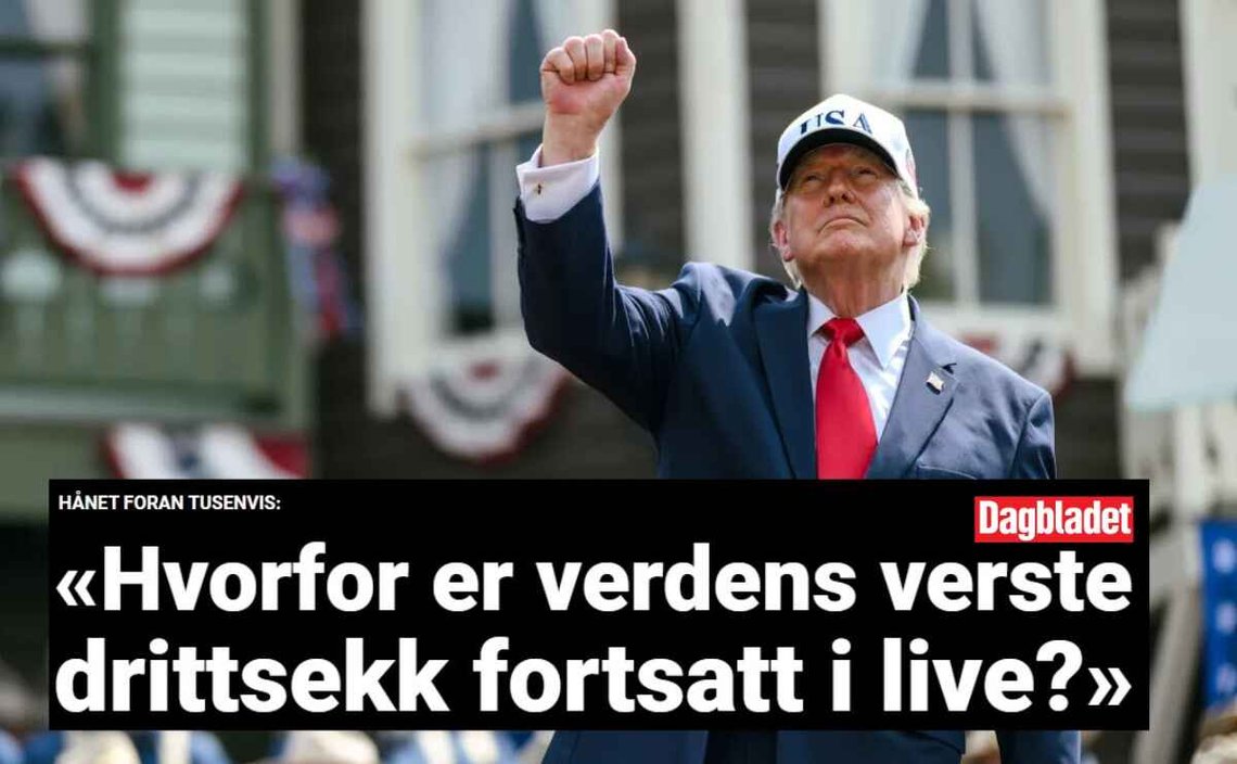 President Donald J. Trump holder tale ved åpningen av Theodore Roosevelt-presidentbiblioteket. Foto: Det hvite hus. Innfelt tekst: Dagbladet 5. juli 2026. President Donald J. Trump holder tale ved åpningen av Theodore Roosevelt-presidentbiblioteket. Foto: Det hvite hus. Innfelt tekst: Dagbladet 5. juli 2026.