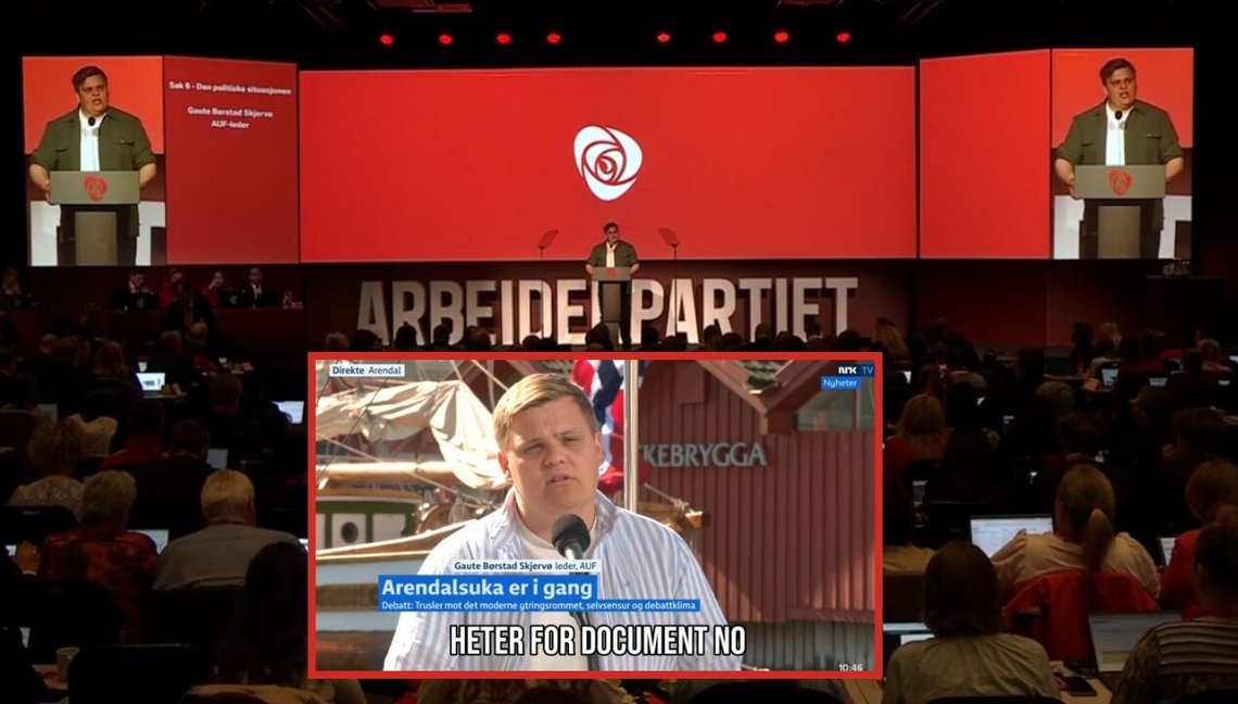 Foto: Skjermbilde av Gaute Børstad Skjervø på Arbeiderpartiets landsmøte i 2025, der han viet en stor del av talen sin til den palestinske saken. Innfelt bilde: Skjermbilde av Skjervø snakker med NRK om Document.no Foto: Skjermbilde av Gaute Børstad Skjervø på Arbeiderpartiets landsmøte i 2025, der han viet en stor del av talen sin til den palestinske saken. Innfelt bilde: Skjermbilde av Skjervø snakker med NRK om Document.no