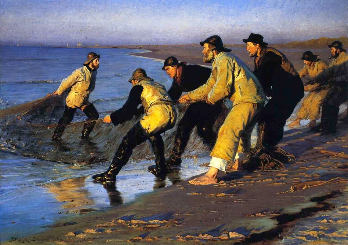 Peder Severin Krøyer, «Fiskere trækker vod» (1883), Skagen Museum. Peder Severin Krøyer, «Fiskere trækker vod» (1883), Skagen Museum.