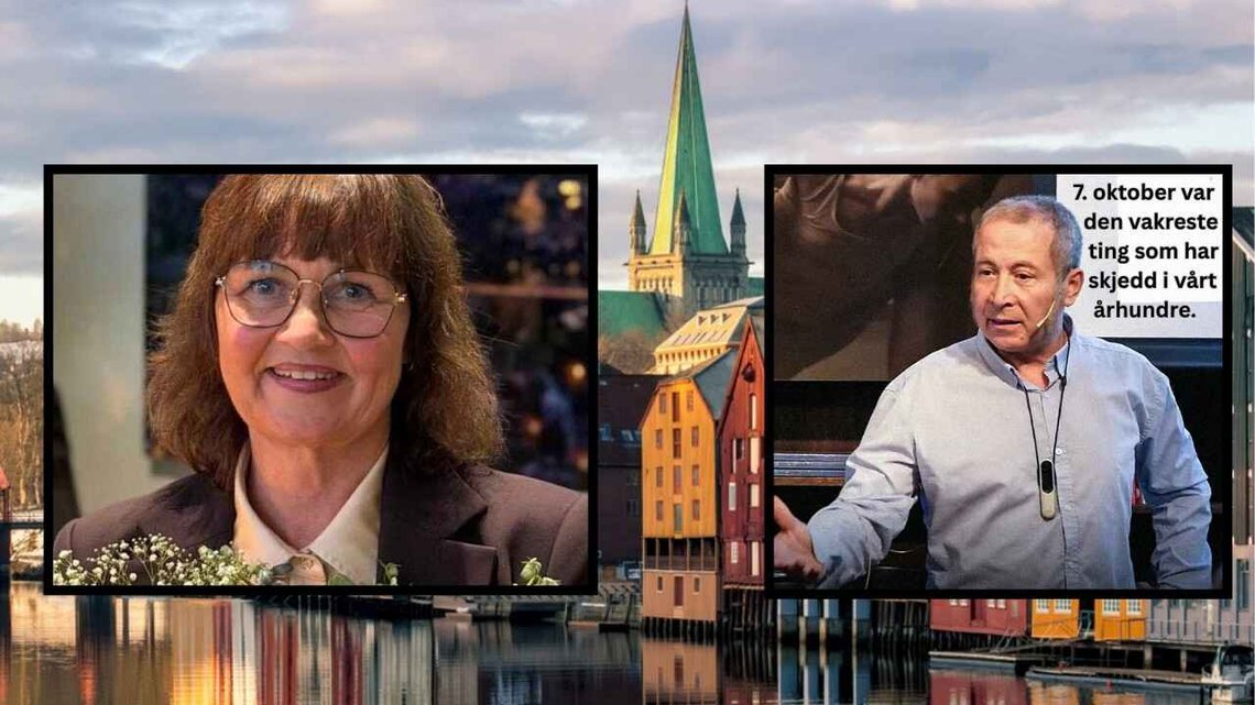 Trondheim og Nidarosdomen, sett fra Nidelva. Foto: Shutterstock av Mirko Carnevale. Innfelte bilder: Niina Westad, foto: Facebook. Skjermbilde av Bassam Hussein under en debatt på Litteraturhuset i Trondheim 21. april 2026, arrangert av Sosialistisk Forum Trondheim. Trondheim og Nidarosdomen, sett fra Nidelva. Foto: Shutterstock av Mirko Carnevale. Innfelte bilder: Niina Westad, foto: Facebook. Skjermbilde av Bassam Hussein under en debatt på Litteraturhuset i Trondheim 21. april 2026, arrangert av Sosialistisk Forum Trondheim.