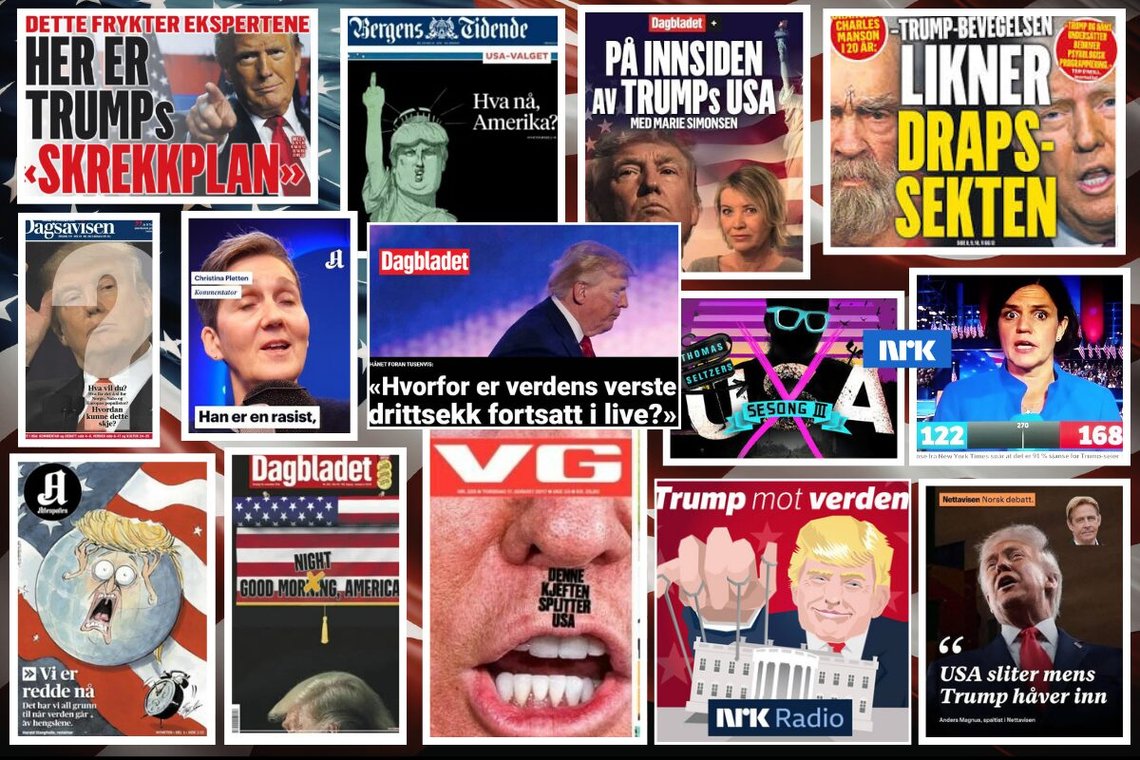Ulike skjermbilder av forsidene og overskriftene i norske medier i årene siden Donald Trump kunngjorde sitt presidentkandidatur. Ulike skjermbilder av forsidene og overskriftene i norske medier i årene siden Donald Trump kunngjorde sitt presidentkandidatur.