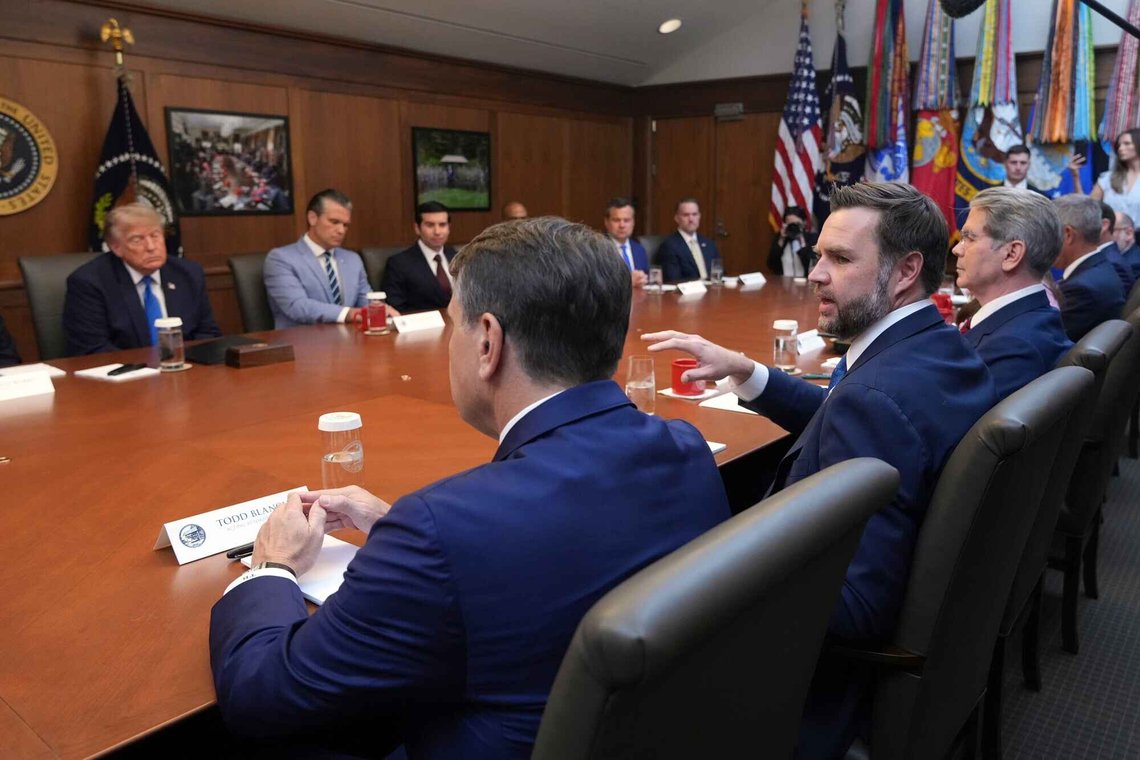 Vice President JD Vance speaks alongside acting Attorney General Todd Blanche, left, Treasury Secretary Scott Bessent, right, and from left, President Donald Trump, Defense Secretary Pete Hegseth and acting Labor Secretary Keith Sonderling, during a cabinet meeting, Friday, July 31, 2026, at Camp David, the presidential retreat, near Thurmont, Md., Friday, July 31, 2026. (AP Photo/Jacquelyn Martin) Vice President JD Vance speaks alongside acting Attorney General Todd Blanche, left, Treasury Secretary Scott Bessent, right, and from left, President Donald Trump, Defense Secretary Pete Hegseth and acting Labor Secretary Keith Sonderling, during a cabinet meeting, Friday, July 31, 2026, at Camp David, the presidential retreat, near Thurmont, Md., Friday, July 31, 2026. (AP Photo/Jacquelyn Martin)