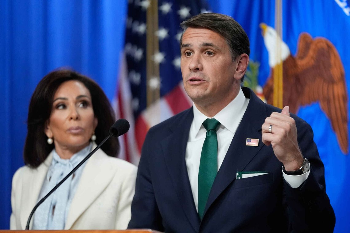 Acting Attorney General Todd Blanche and U.S. Attorney Jeanine Pirro, speak during a news conference at the Department of Justice, on Monday April 27, 2026, in Washington, following the initial appearance in federal court of the suspected White House Correspondents Dinner gunman, Cole Tomas Allen of Torrance, California. (AP Photo/Manuel Balce Ceneta) Acting Attorney General Todd Blanche and U.S. Attorney Jeanine Pirro, speak during a news conference at the Department of Justice, on Monday April 27, 2026, in Washington, following the initial appearance in federal court of the suspected White House Correspondents Dinner gunman, Cole Tomas Allen of Torrance, California. (AP Photo/Manuel Balce Ceneta)