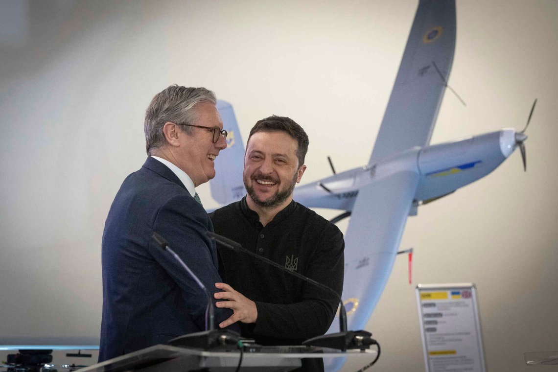 Britain's Prime Minister Keir Starmer, left, and Ukrainian President Volodymyr Zelenskyy smile as they stand in front one of the drones, built in Ukraine with funding from Britain, in Kyiv, Ukraine Thursday, Jan. 16, 2025. (AP Photo/Efrem Lukatsky) Britain's Prime Minister Keir Starmer, left, and Ukrainian President Volodymyr Zelenskyy smile as they stand in front one of the drones, built in Ukraine with funding from Britain, in Kyiv, Ukraine Thursday, Jan. 16, 2025. (AP Photo/Efrem Lukatsky)