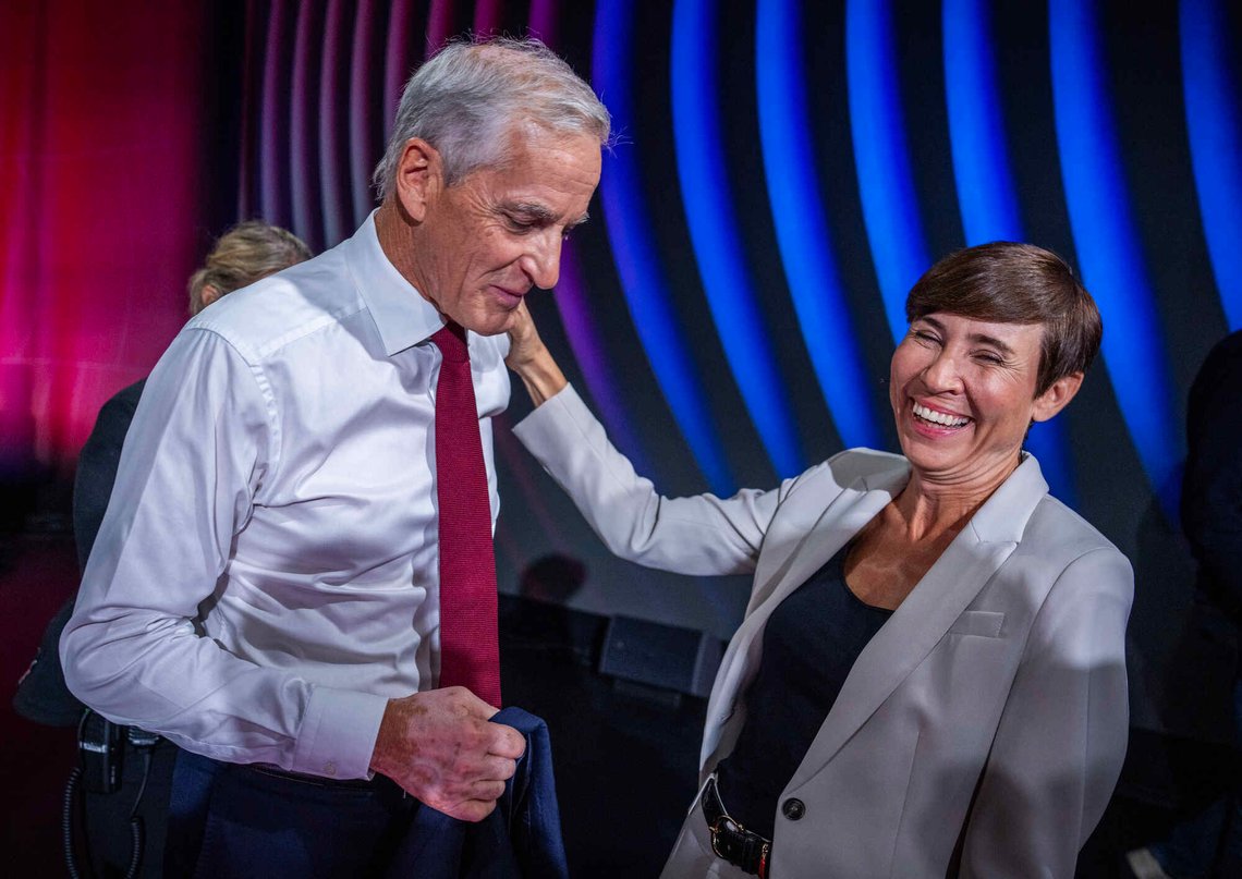 Arendal 20260813.
Jonas Gahr Støre og Ine Marie Eriksen Søreide i godt humør etter partilederdebatten 2026.
Foto: Ole Berg-Rusten / NTB Arendal 20260813.
Jonas Gahr Støre og Ine Marie Eriksen Søreide i godt humør etter partilederdebatten 2026.
Foto: Ole Berg-Rusten / NTB
